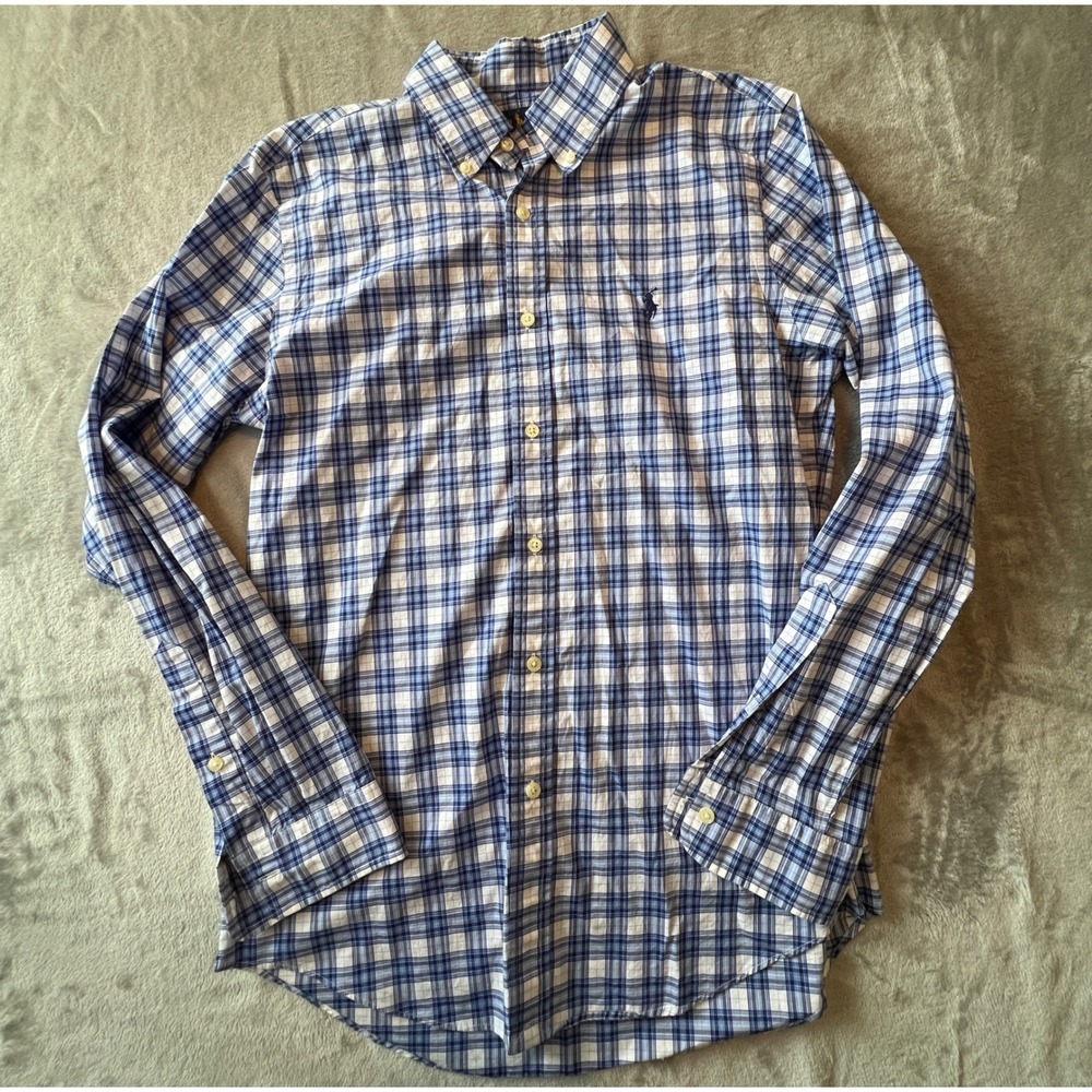 Ralph Lauren Button Down Shirt Mens Medium Blue Plaid Slim Fit Cotton Stretch